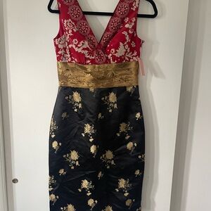 Phoebe Couture Elegant Floral Patterned Dress - Red, Gold, and Black